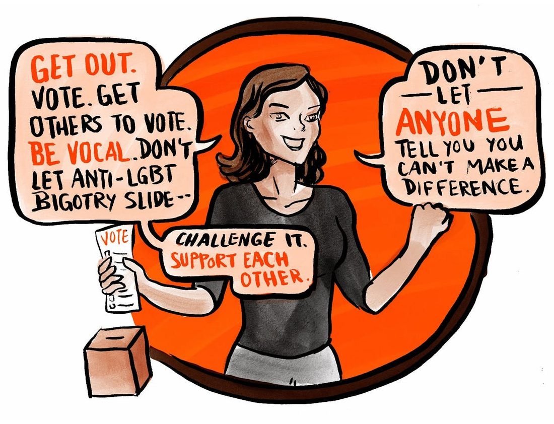 Against a bright orange circle a smiling woman in a black top drops a ballot marked vote into a box with one hand and raises a fist with the other, surrounded by hand lettered balloons urging readers to get out and vote, get others to vote, be vocal, challenge anti LGBT bigotry rather than let it slide, support each other, and not let anyone tell them they cannot make a difference.