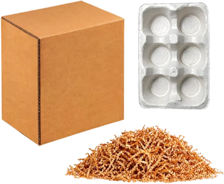 A shipping carton, a moulded pulp tray and a pile of crinkle void fill