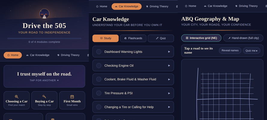 Three screens from Drive the 505: the car knowledge module, the home screen, and the interactive Albuquerque map.