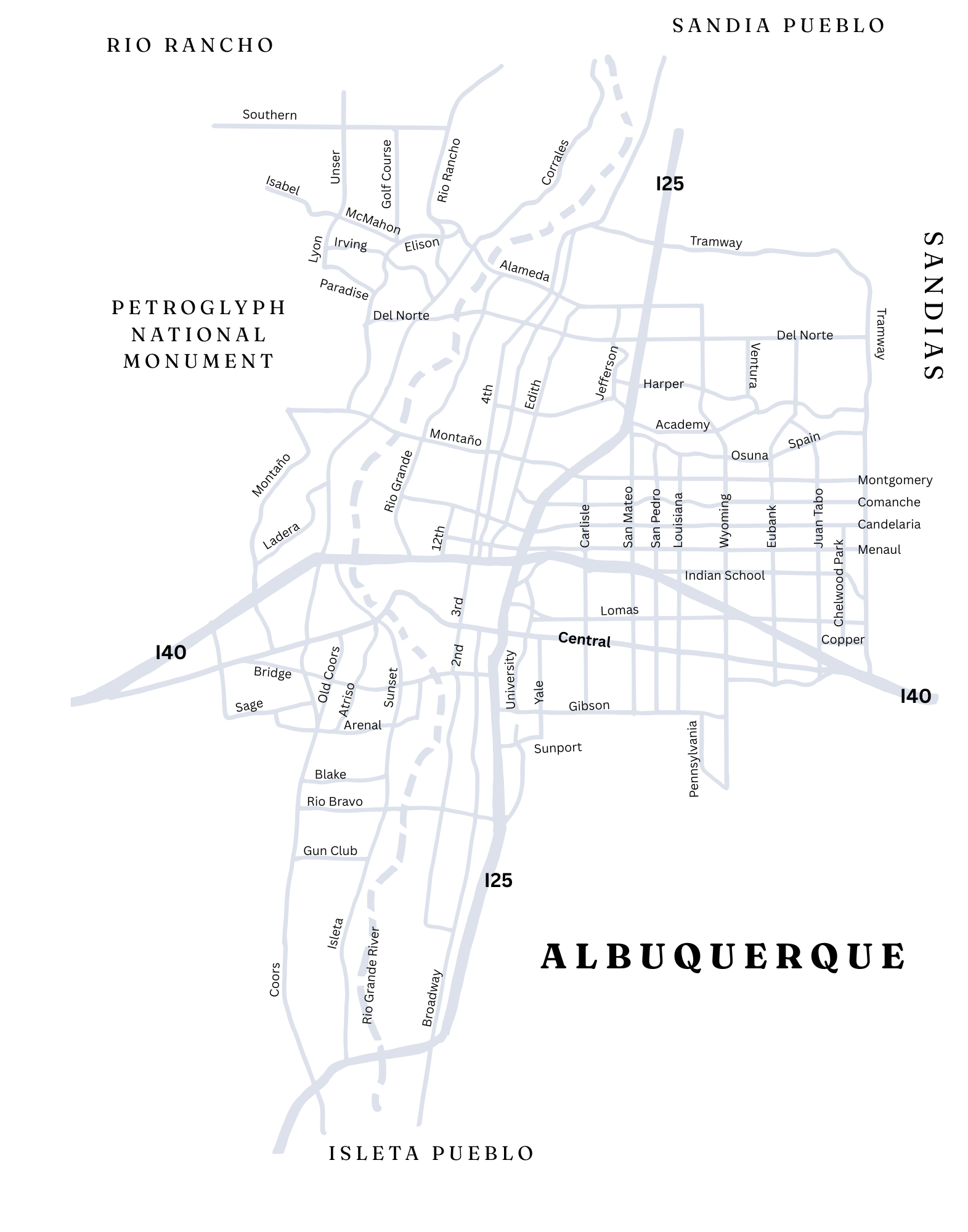 Hand-drawn Albuquerque map with names