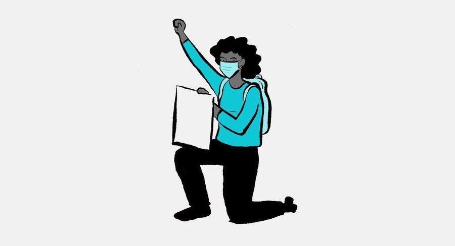 A protester kneeling with one fist raised, drawn in teal and grey.