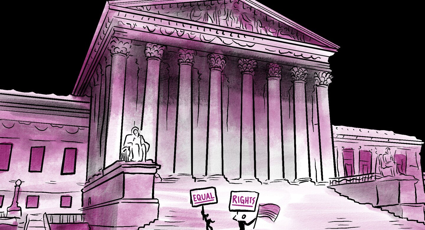 A panel drawn in magenta and black: the United States Supreme Court building rendered in heavy line and wash, with tiny figures on the plaza below holding signs reading Equal Rights.