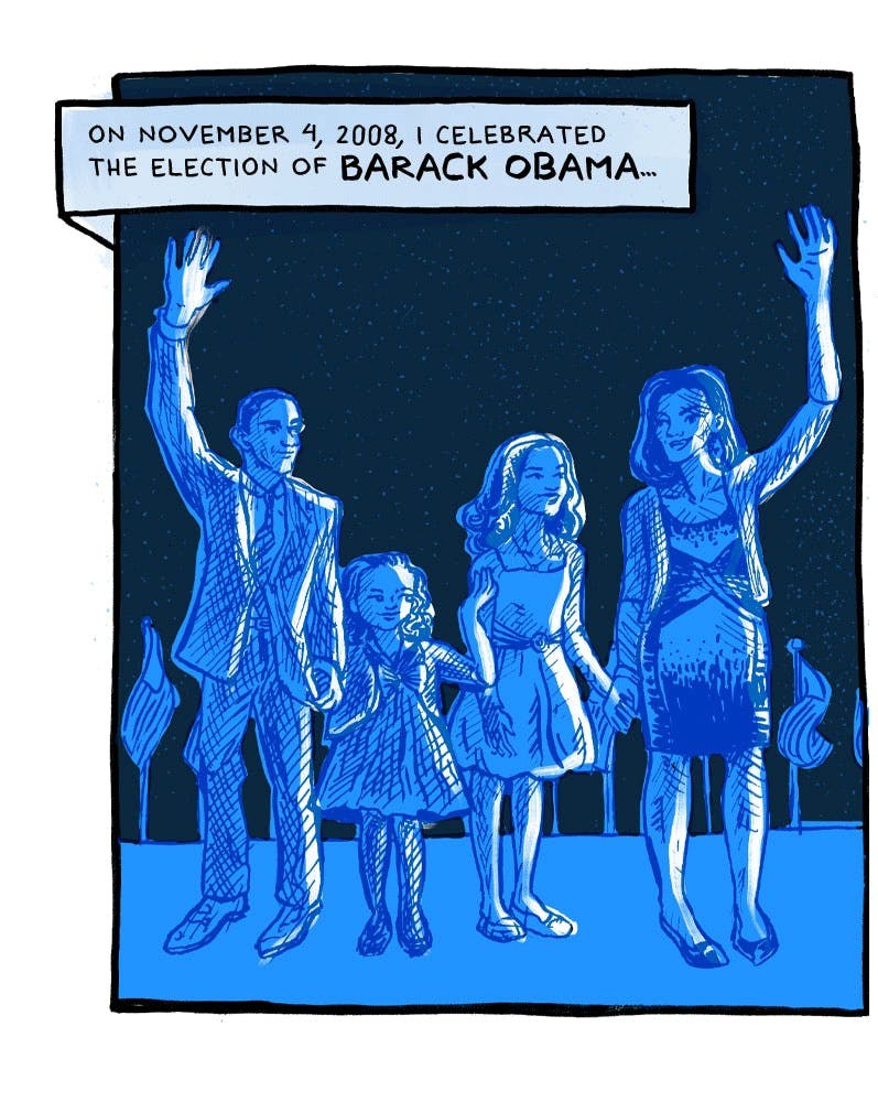 A panel drawn in deep blues: the Obama family waving on a stage on election night, under a caption reading on November 4, 2008, I celebrated the election of Barack Obama.