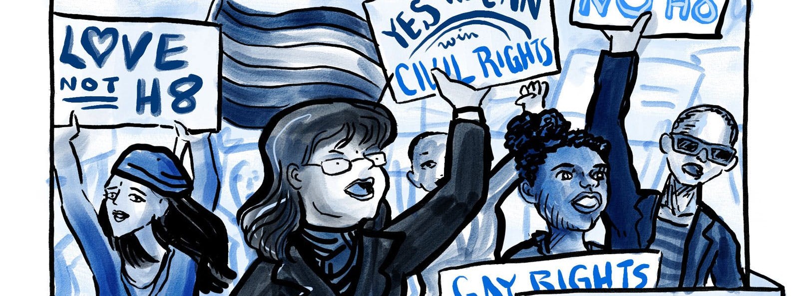A panel from the Prop 8 comic in The Nib, drawn in blues: a crowd at a protest with raised fists holding hand lettered signs reading Love Not H8, Yes We Can Win Civil Rights, No H8, and Gay Rights Are Human Rights.