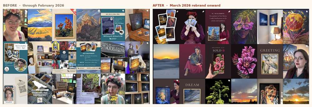 The Painting the Southwest account before and after the rebrand: a scattered bulletin board of posts on the left, a consistent templated grid on the right.